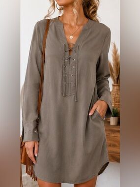 Theory Size 4 Lace-Up Tencel Shift Dress in Taupe/Olive – NWOT. So Soft!